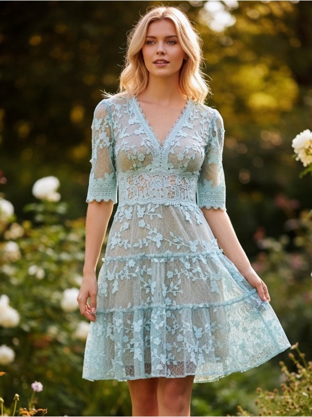Adrianna Papell delicate lace and fine floral embroidery dress.